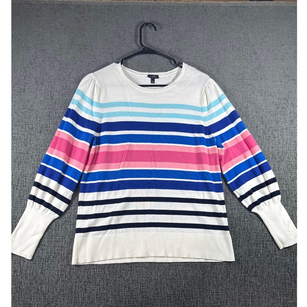 Talbots Womens Large Multi Color Striped Crew Neck Puff Sleeve Knit Sweater